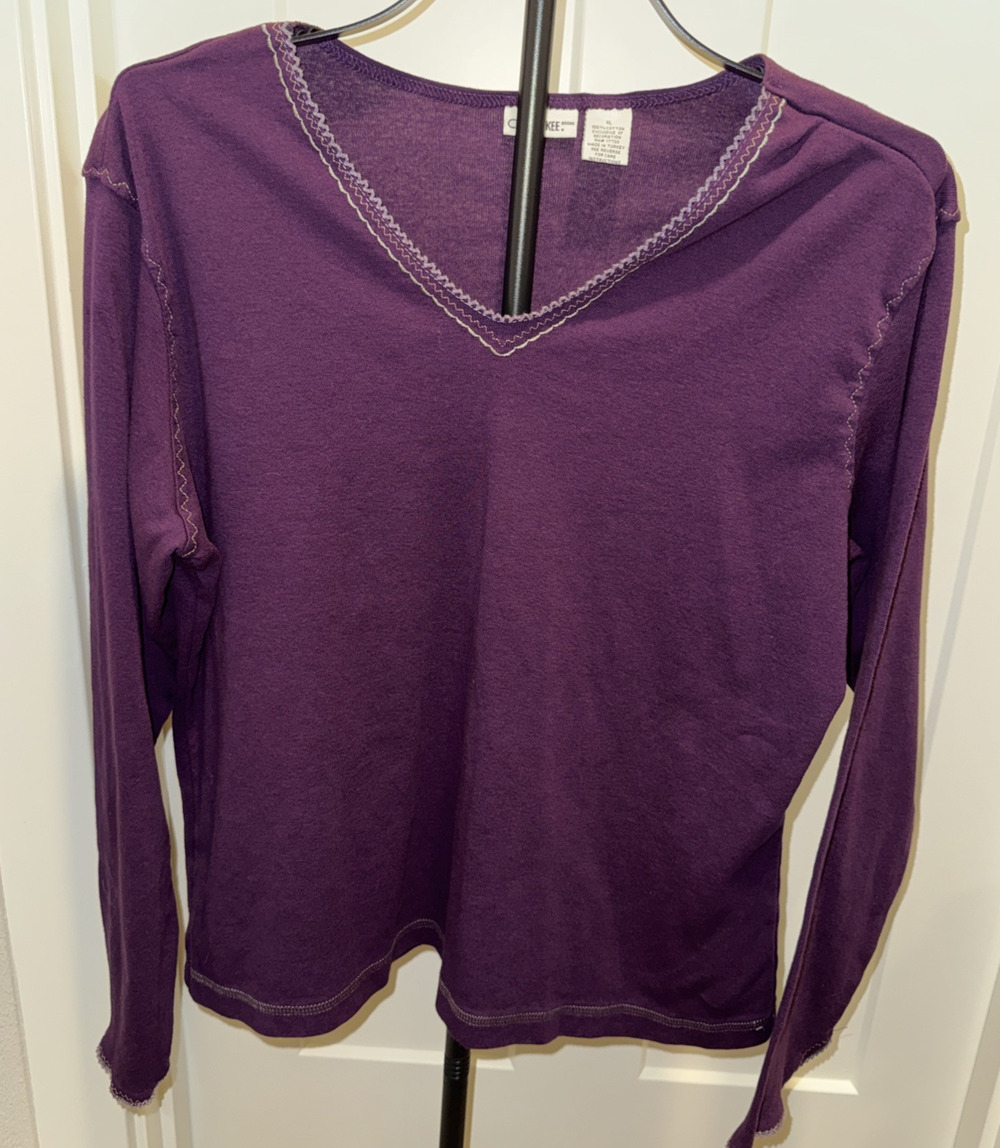 Vtg 90s Cherokee Purple Long Sleeve Top V Neck XL Embroidered Y2K